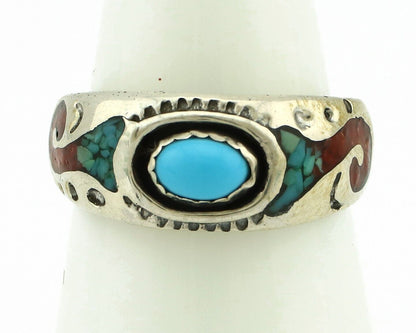 Navajo Handmade Ring 925 Silver Blue Turquoise & Coral Native American C.80's