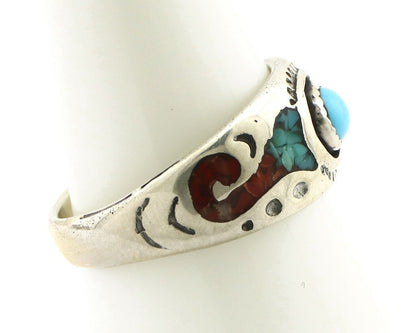 Navajo Inlay Band Ring 925 Silver Turquoise & Coral Native Artist C.80's