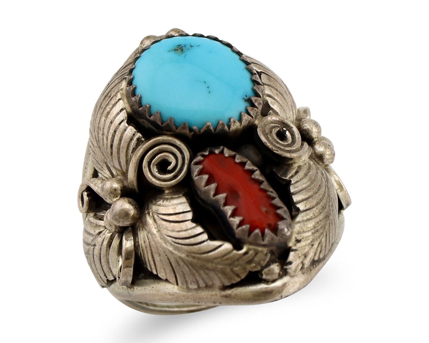 Navajo Ring 925 Silver Blue Turquiose & Mediterranean Coral Native Artist C.80's