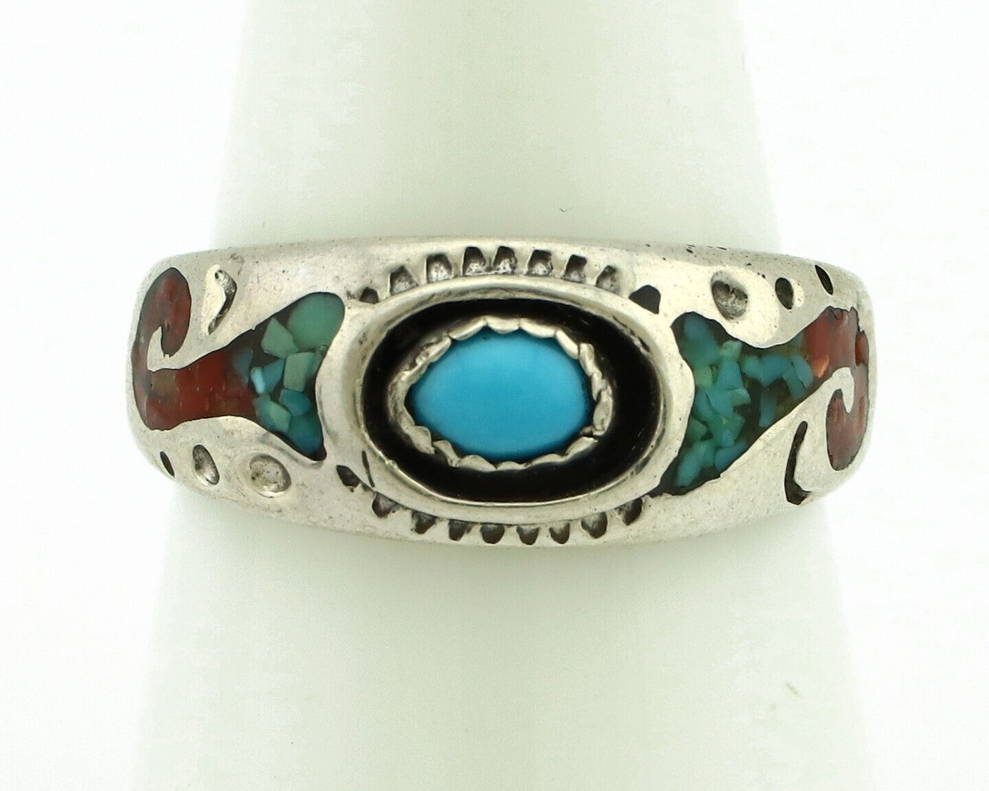 Navajo Handmade Ring 925 Silver Blue Turquoise & Coral Native American C.80's