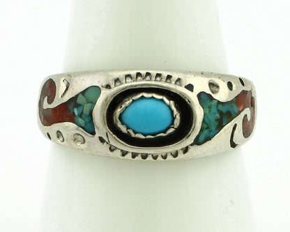 Navajo Handmade Ring 925 Silver Blue Turquoise & Coral Native American C.80's