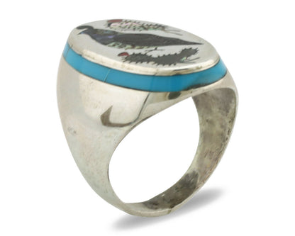 Zuni Inlaid Quail Bird Ring .925 Silver Artist Signed Watchman C.1980's