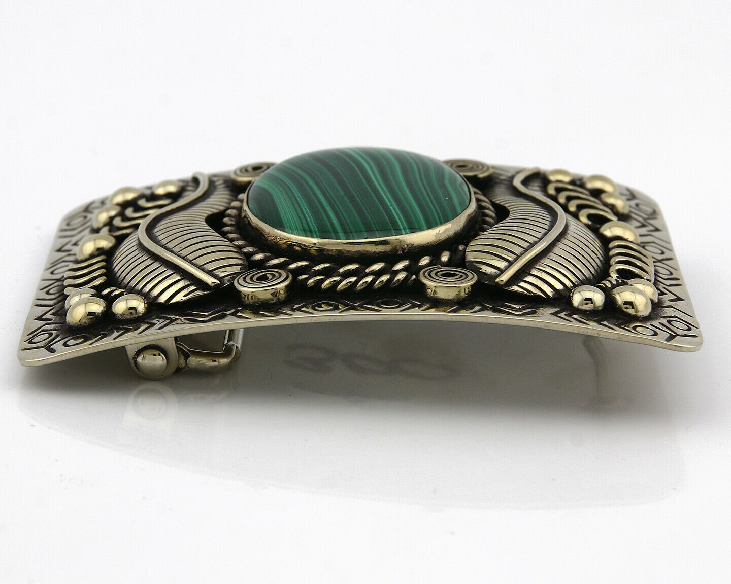 Navajo Handmade Belt Buckle .999 Nickle Silver Malachite Artist Signed Tipi C80s