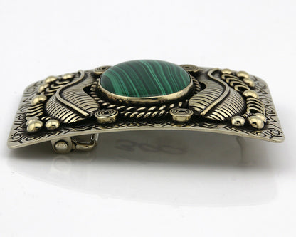 Navajo Handmade Belt Buckle .999 Nickle Silver Malachite Artist Signed Tipi C80s