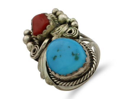 Navajo Ring 925 Silver Blue Turquiose & Coral Artist Signed Justin Morris C.80's