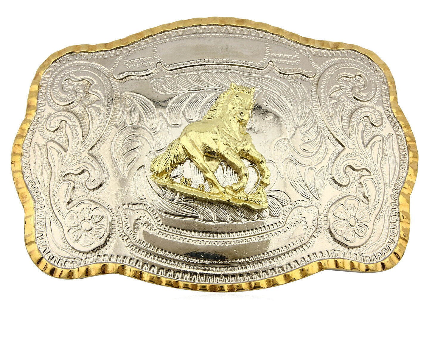 Engravable Large Country Horse Belt Buckle .999 Nickle Silver Gold Trim C.80's