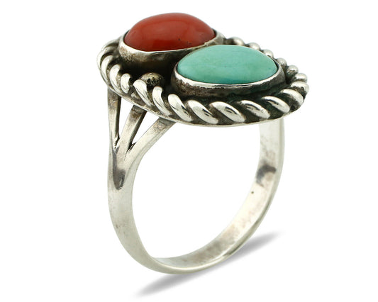 Navajo Ring 925 Silver Coral & Globe Turquoise Native American Artist C.1970's