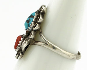 Navajo Ring 925 Silver Turquoise & Coral Artist Signed R with Steer Head C.80's