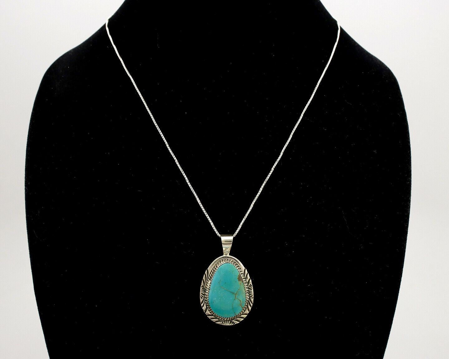 Navajo Necklace .925 Silver Kingman Turquoise Signed PM C.1980's