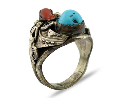 Navajo Ring 925 Silver Blue Turquiose & Coral Artist Signed PR C.80's