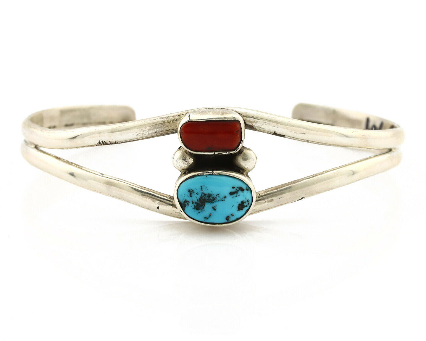 Navajo Bracelet .925 Silver Turquoise & Coral Artist Native American C.1980's