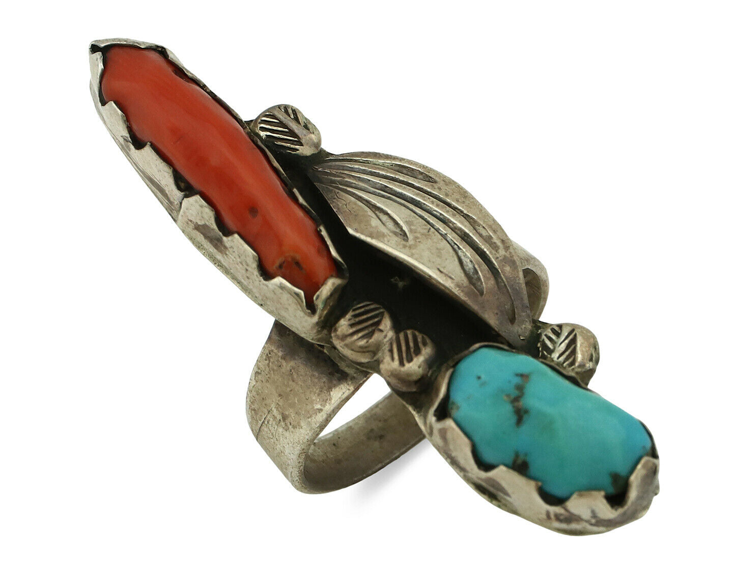 Navajo Ring .925 Silver Turquoise & Coral Native American Artist C.1980's