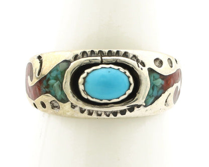 Navajo Handmade Ring 925 Silver Blue Turquoise & Coral Native American C.80's