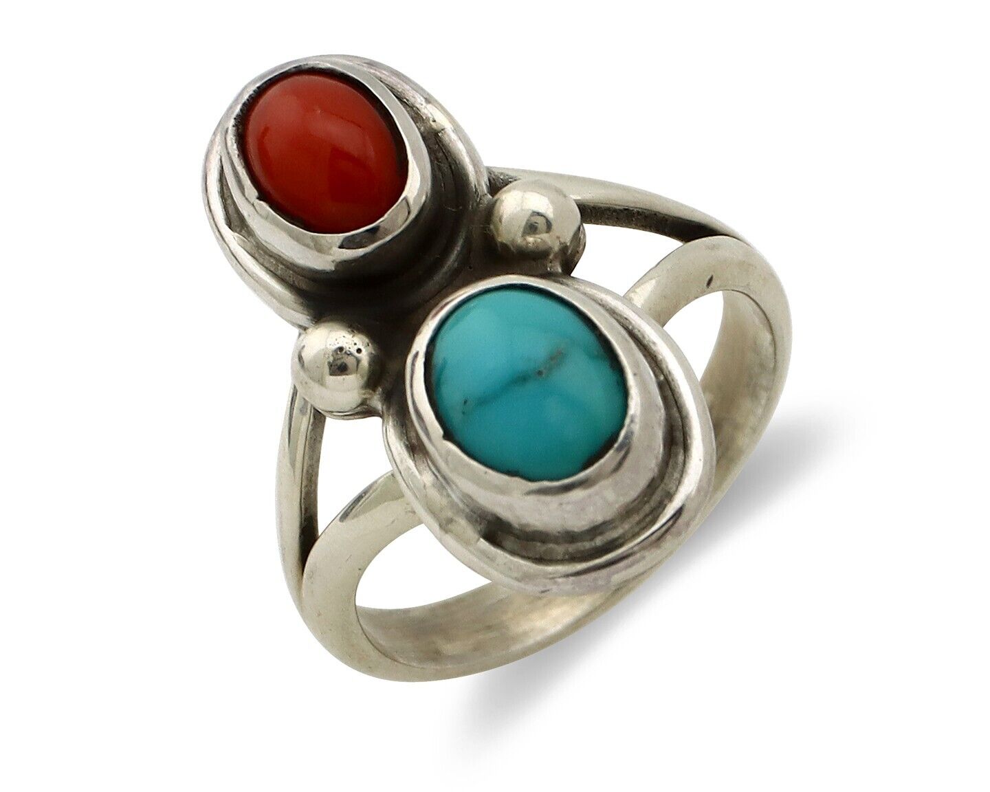 Navajo Handmade Ring 925 Silver Coral & Turquoise Native American Artist C.80's