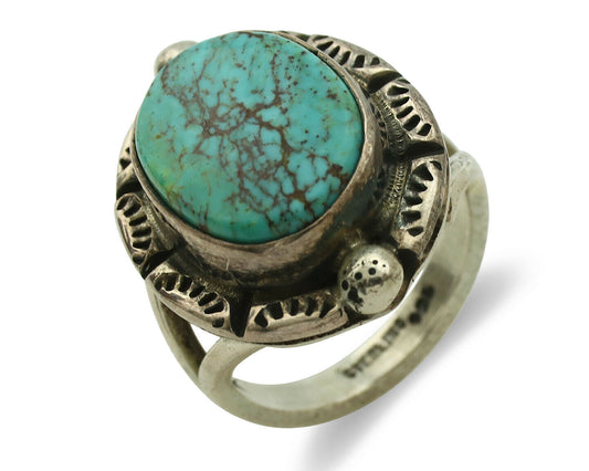 Navajo Ring .925 Silver Kingman Turquoise Artist Signed Gecko C.1980's