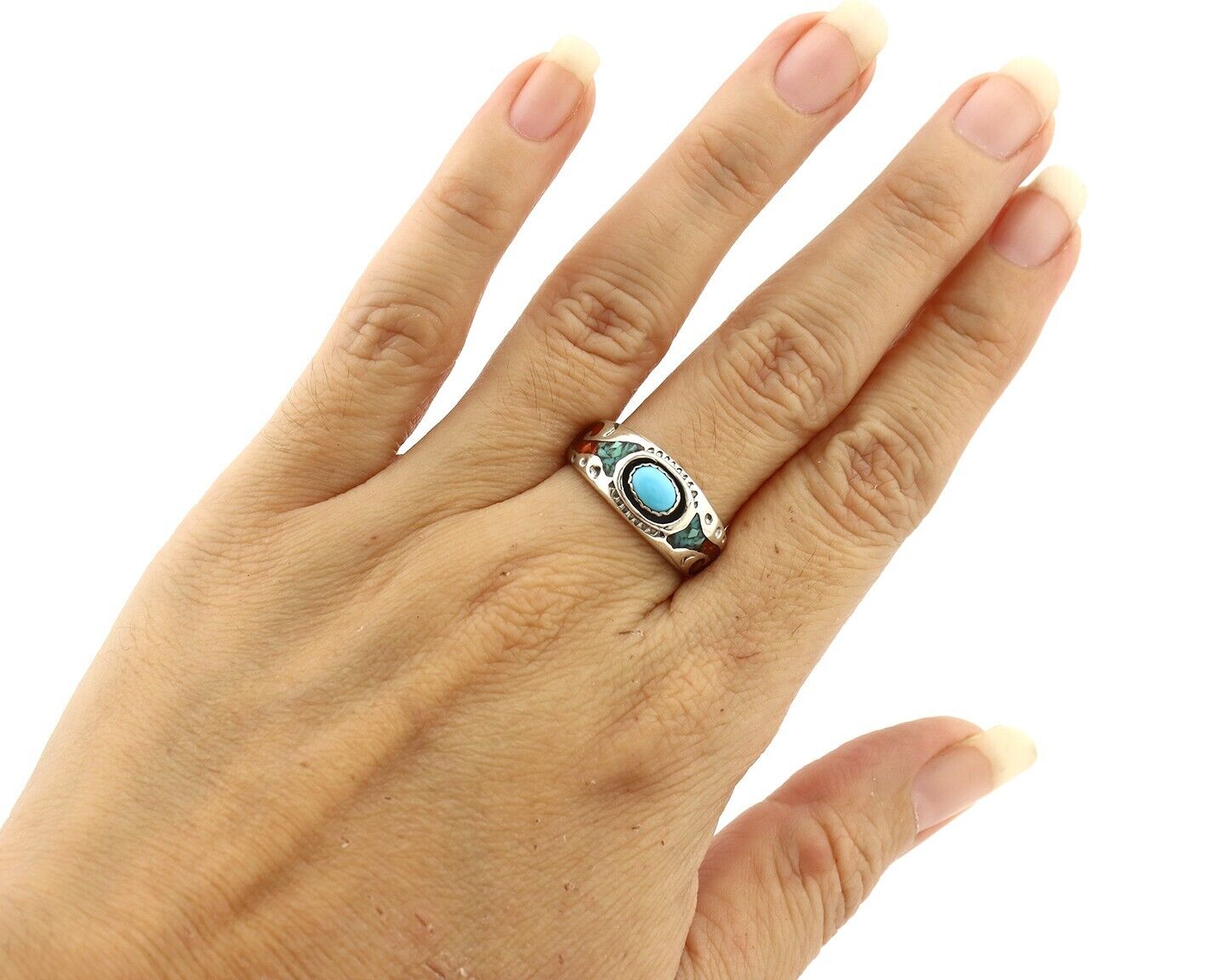 Navajo Handmade Ring 925 Silver Blue Turquoise & Coral Native American C.80's