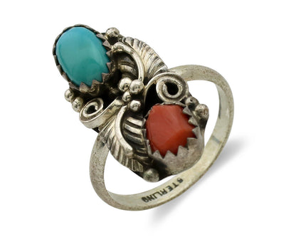 Navajo Ring 925 Silver Coral & Turquoise Handmade Native American Artist C.1980s