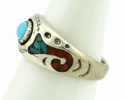 Navajo Handmade Ring 925 Silver Blue Turquoise & Coral Native American C.80's