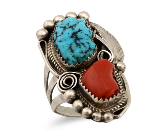 Navajo Ring 925 Silver Blue Turquiose & Coral Artist Signed Justin Morris C.80's