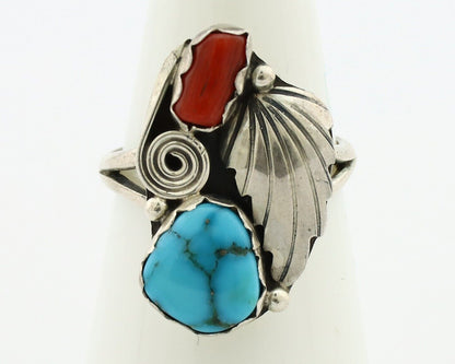 Navajo Handmade Ring 925 Silver Turquiose & Coral Native American Artist C.80's