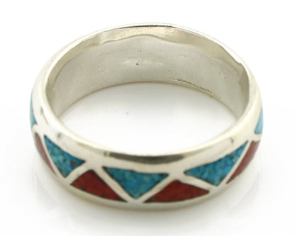 Navajo Chip Inlay Ring 925 Silver Sleeping Beauty Turquoise & Coral Silver Cloud