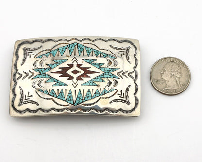 Navajo Belt Buckle .925 Silver Handmade Chip Inlay Artist Signed NAKAI C.80's