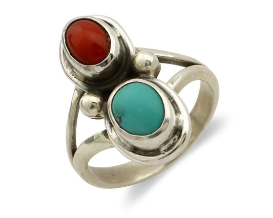 Navajo Handmade Ring 925 Silver Coral & Turquoise Native American Artist C.80's