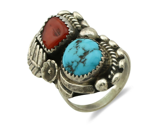 Navajo Ring .925 Silver Turquoise & Coral Artist Signed Thomas Singer C.80's