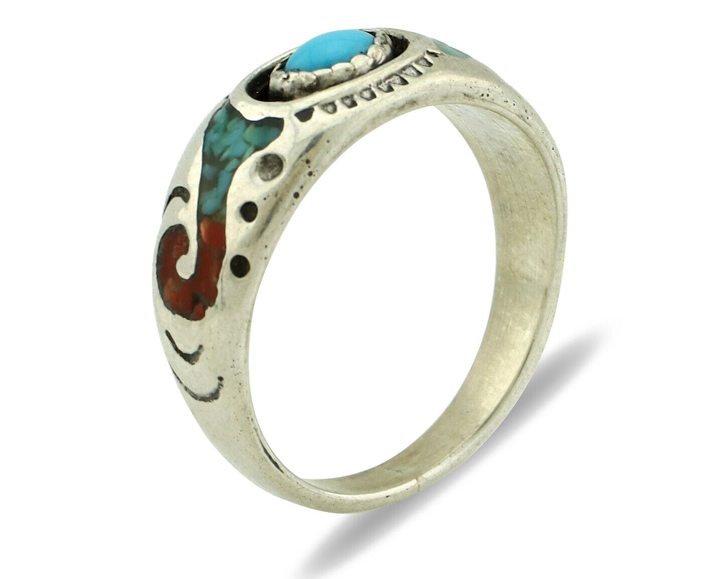 Navajo Handmade Ring 925 Silver Blue Turquoise & Coral Native American C.80's