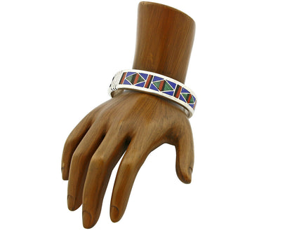 C. 1980's Zuni Inlaid Natural Gemstone .925 Silver Cuff Bracelet