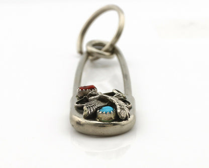 Navajo Handmade Key Chain .925 Silver Blue Turquoise & Coral Native Artist C80s
