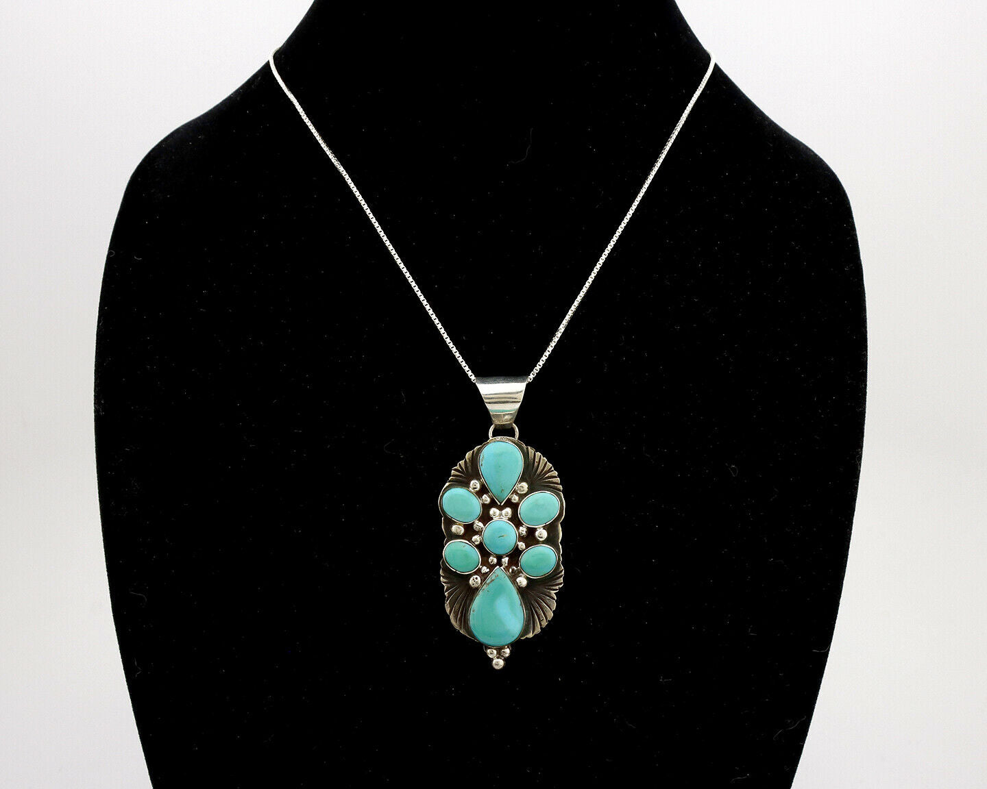 Navajo Necklace .925 Silver Kingman Turquoise Signed LJ C.1980's