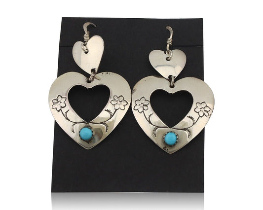 Navajo Dangle Heart Earrings Handmade 925 Silver Blue Turquoise Native Artist 80