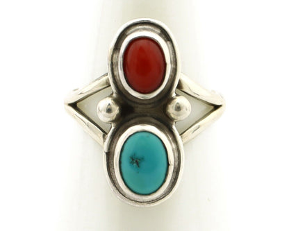 Navajo Handmade Ring 925 Silver Coral & Turquoise Native American Artist C.80's