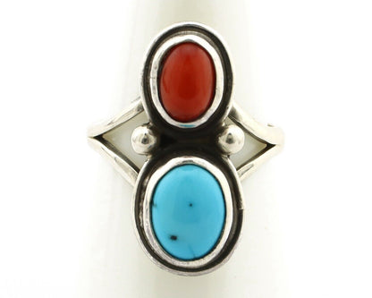 Navajo Handmade Ring 925 Silver Coral & Turquoise Native American Artist C.80's