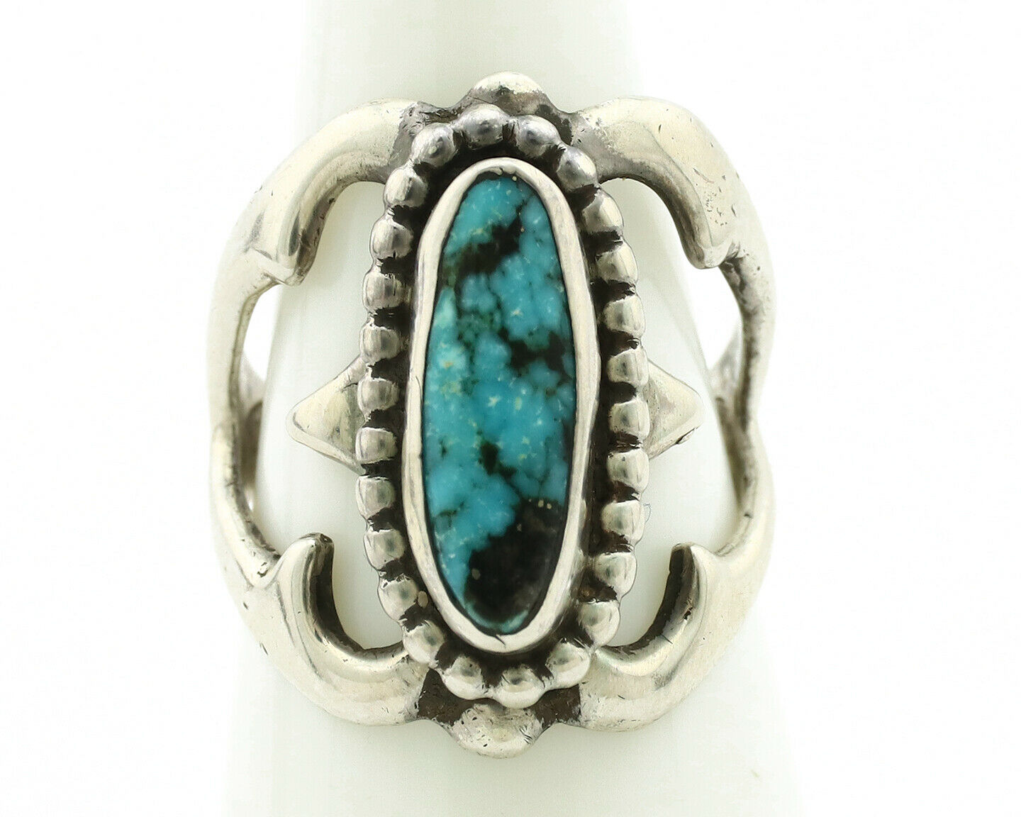 Navajo Sand Cast Ring .925 Silver Kingman Turquoise Native Artist C.80's