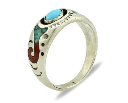 Navajo Handmade Ring 925 Silver Blue Turquoise & Coral Native American C.80's