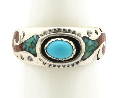 Navajo Handmade Ring 925 Silver Blue Turquoise & Coral Native American C.80's