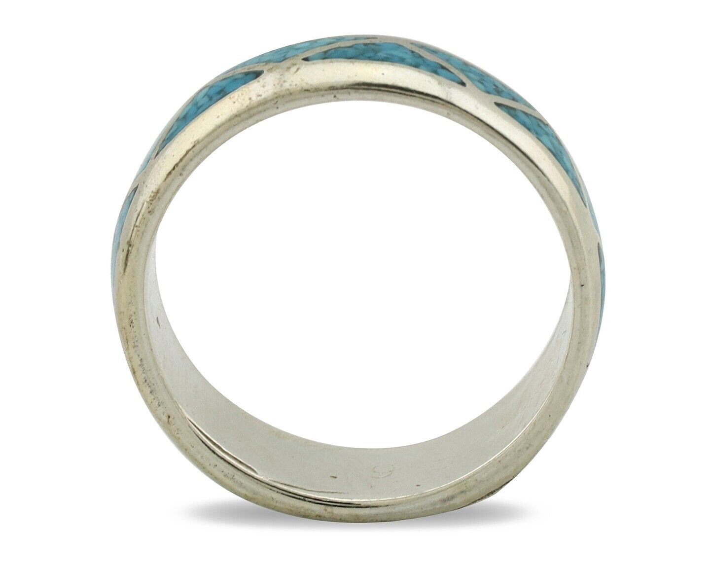 Navajo Chip Inlay Ring 925 Silver Sleeping Beauty Turquoise Artist Silver Cloud