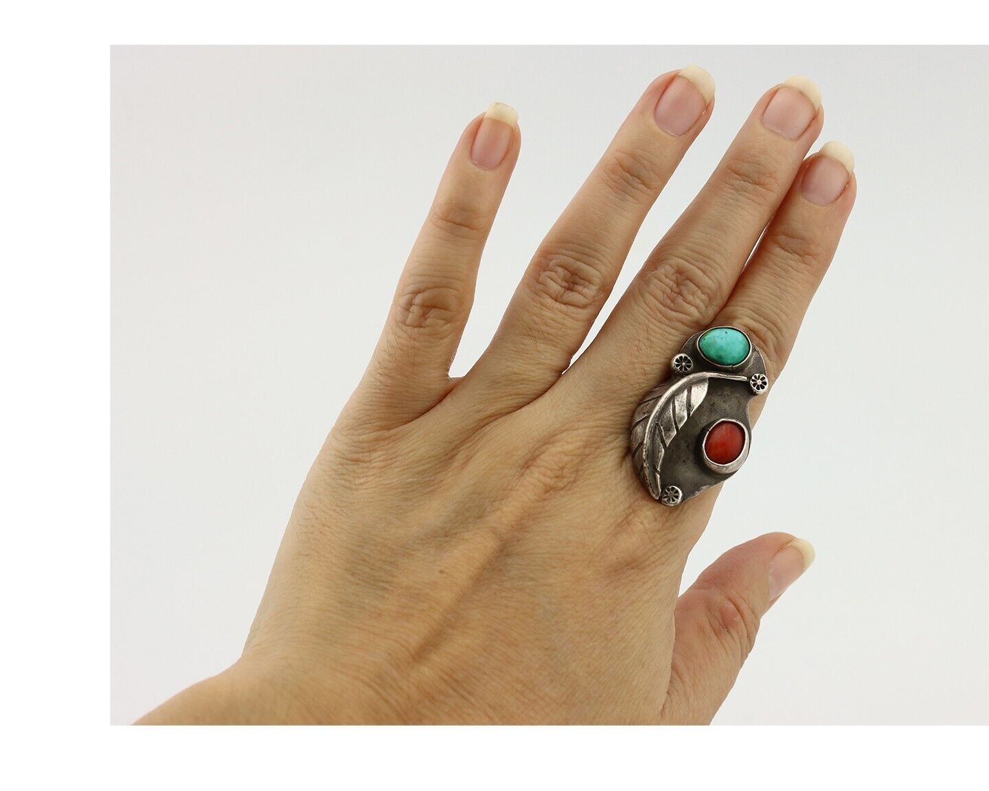 Navajo Handmade Ring 925 Silver Turquiose & Coral Native American Artist C60-70s