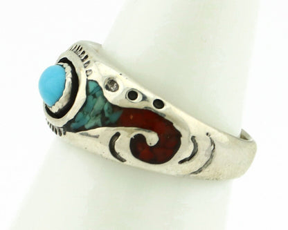 Navajo Handmade Ring 925 Silver Blue Turquoise & Coral Native American C.80's