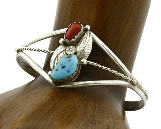 Navajo Bracelet .925 Silver Turquoise & Red Coral Cuff Signed Paul J Circa 1980s