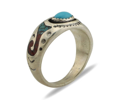 Navajo Handmade Ring 925 Silver Blue Turquoise & Coral Native American Artist