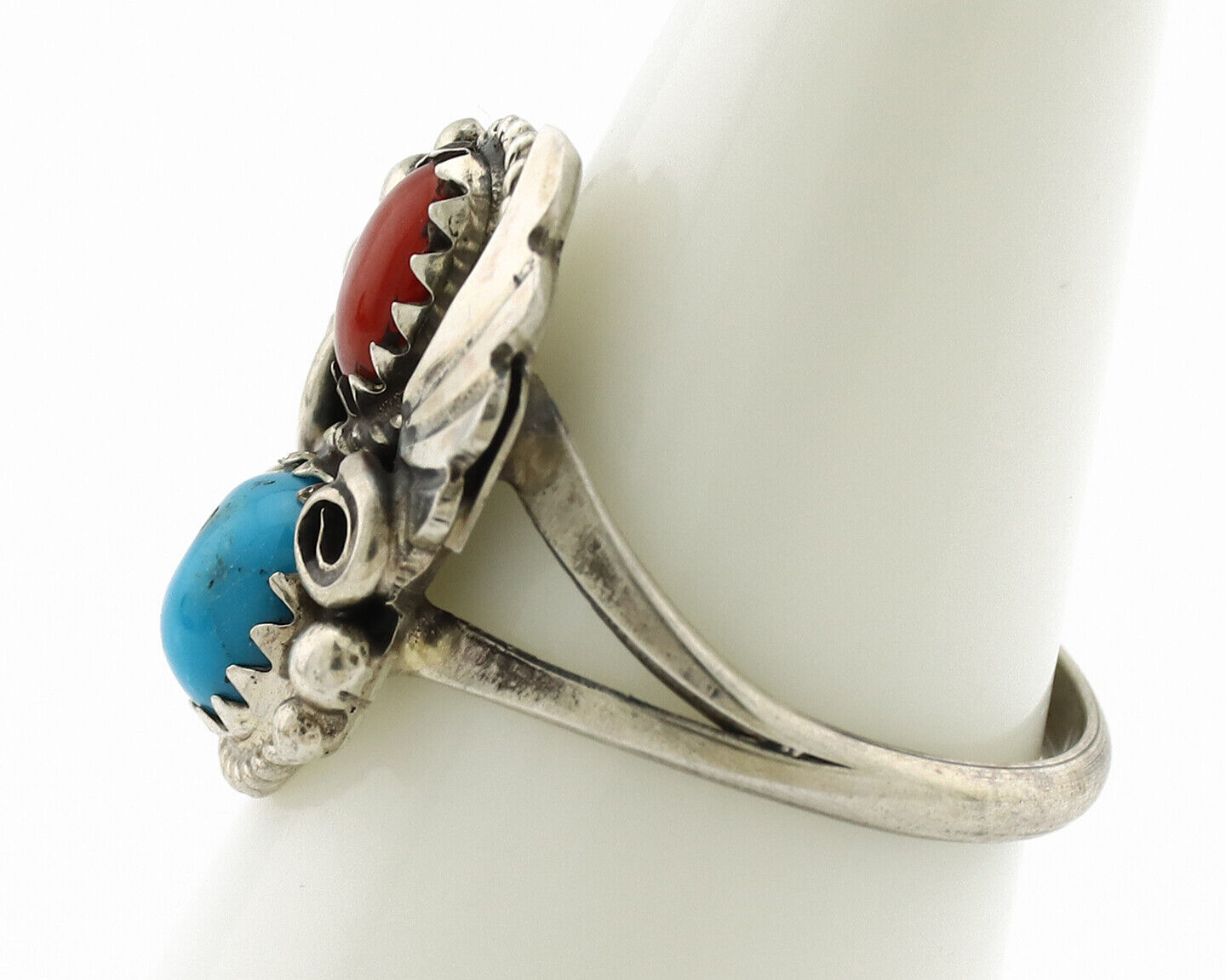 Navajo Ring .925 Silver Morenci Turquoise & Coral Native Artist Signed JM C.80's