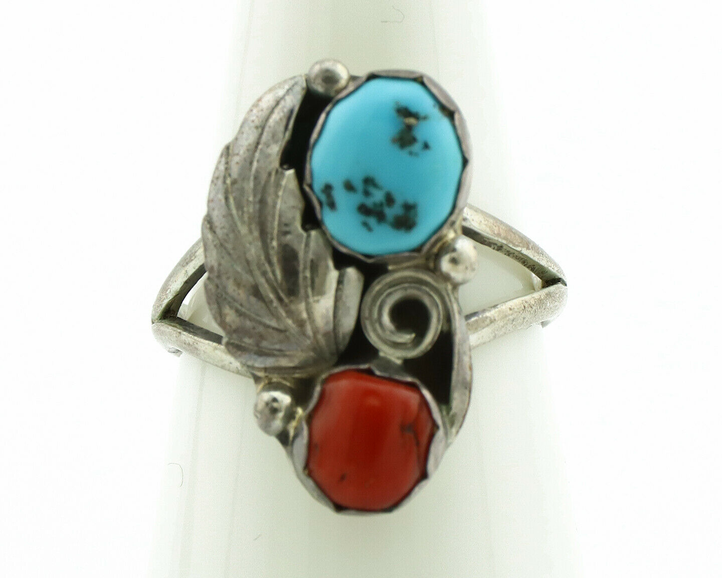 Navajo Ring .925 Silver Turquoise & Coral Native American Artist C.80's