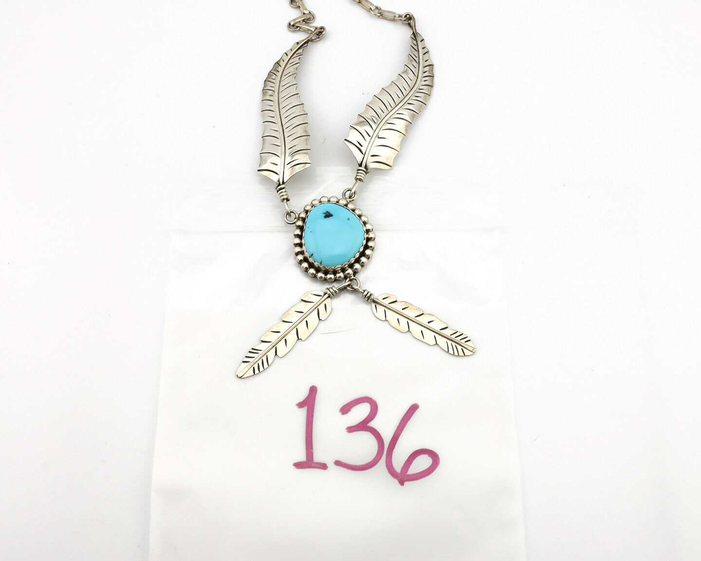 Navajo Necklace .925 Silver Sleeping Beauty Turquoise Signed EK C.80's