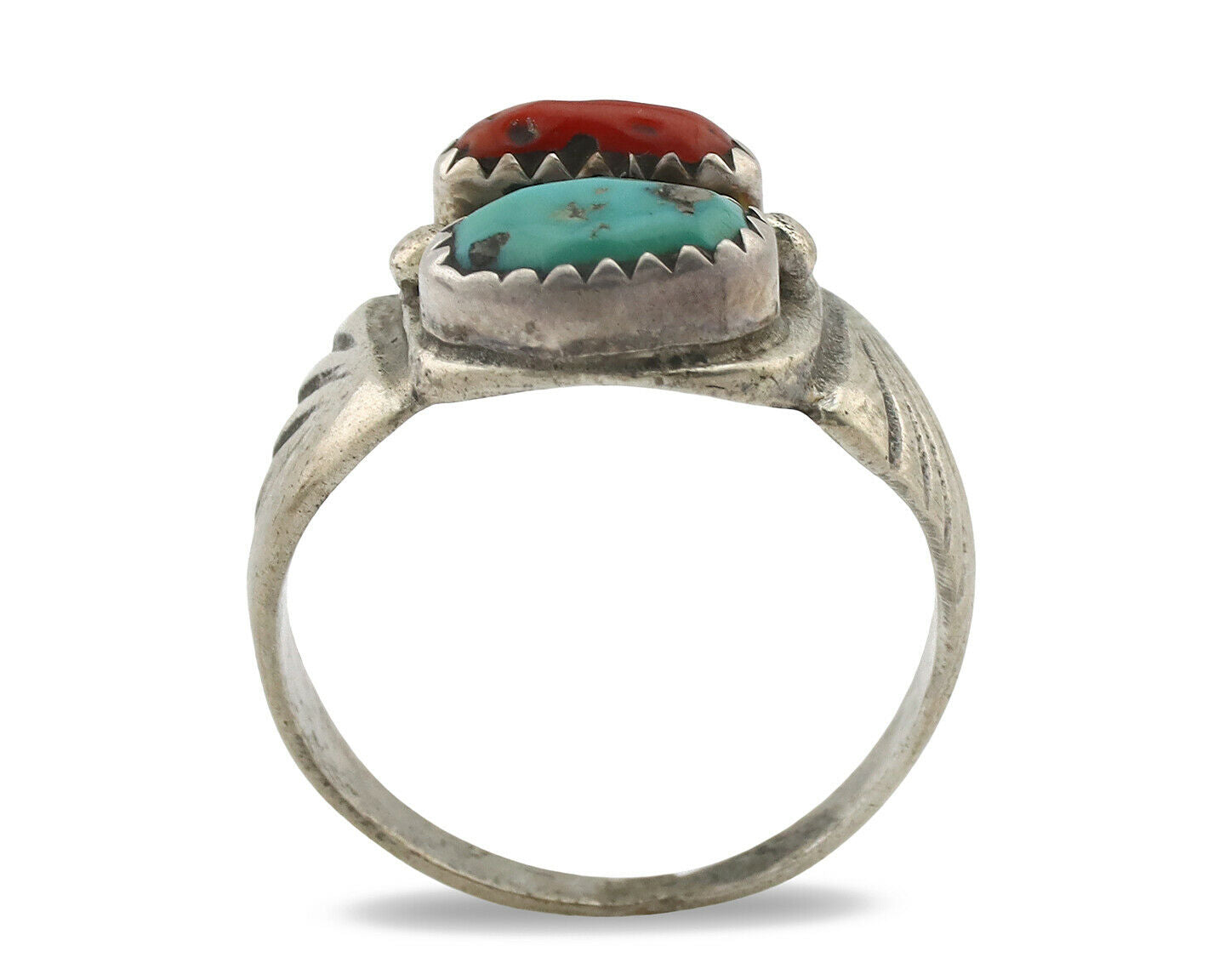 Zuni Ring .925 Silver Natural Turquoise & Coral Native American Artist C.1980's