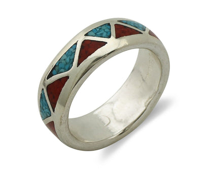 Navajo Chip Inlay Ring 925 Silver Sleeping Beauty Turquoise & Coral Silver Cloud