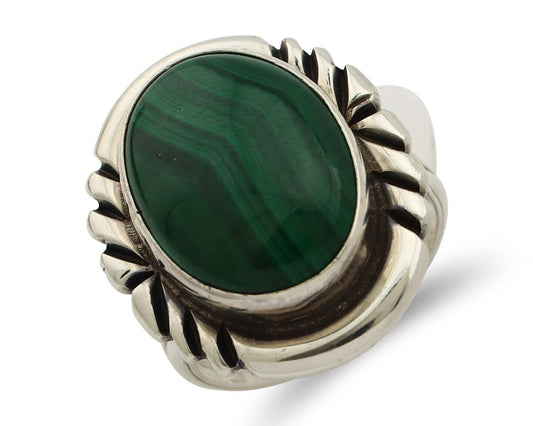 Navajo Ring 925 Silver Malachite Hand Stamped Signed NAKAI C.80's