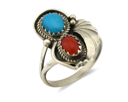 Navajo Ring .925 Silver Morenci Turquoise & Coral Native Artist Signed JM C.80's